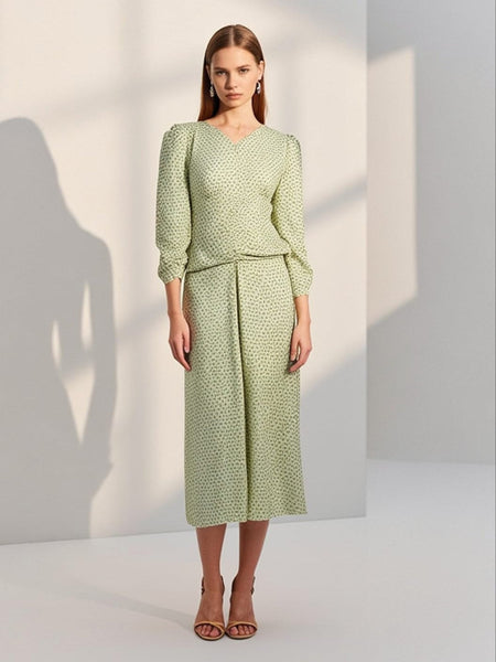 3250043 Printed Gathered Long Sleeve Midi Dress