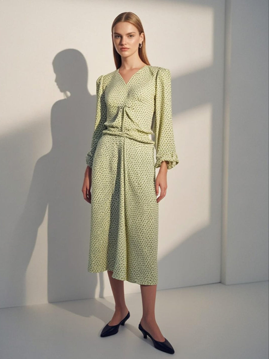 Printed Gathered Long Sleeve Midi Dress