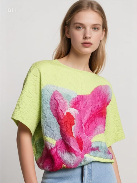 5250005 Floral Wrinkled Pleats Top
