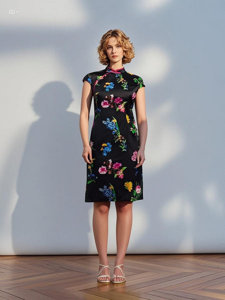3250062 Mandarin Collar Short Sleeved Silk Dress