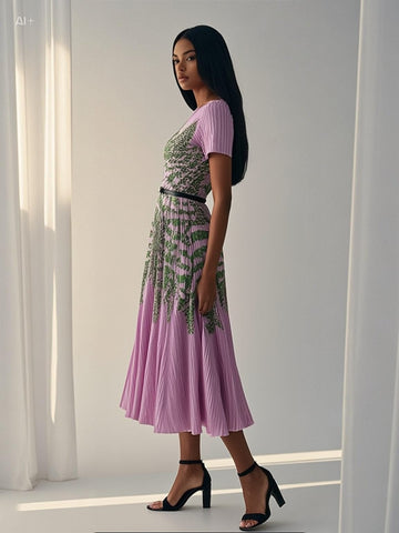 6250018 Print Pleated Maxi Dress