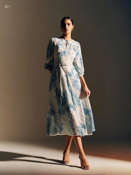 3250052 Flower Brooch Belted Flare Silk Dress