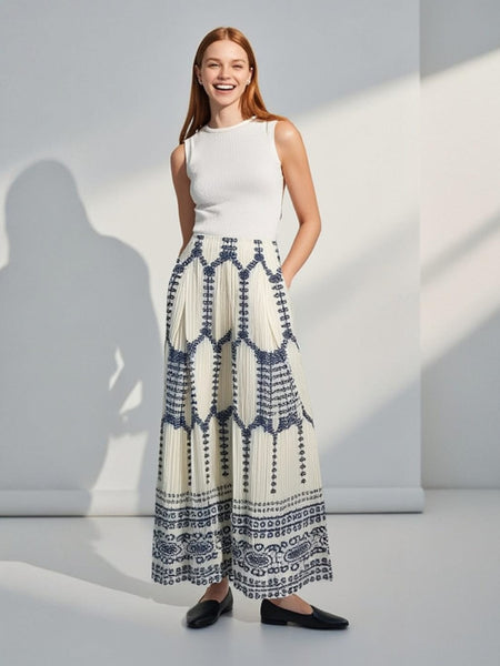 4250022 Floral Printed Wide Leg Pleated Pants