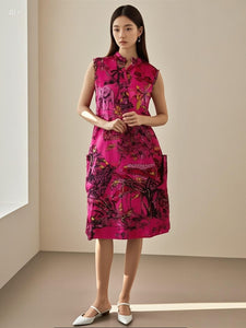 3250060 Split Neck Sleeveless Silk Dress