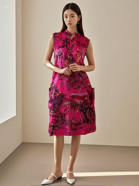 3250060 Split Neck Sleeveless Silk Dress