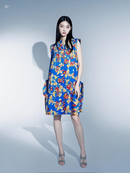 3250060 Split Neck Sleeveless Silk Dress