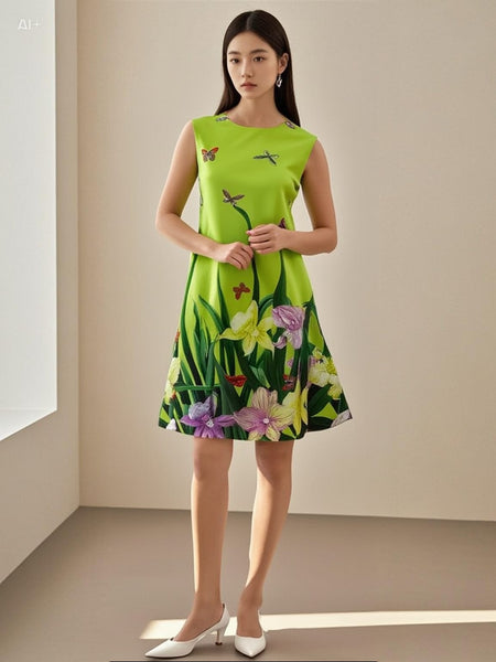 3250063 Printed Sleeveless Silk Dress