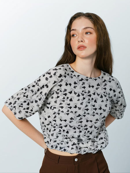 3250029 Round Neck Printed Wrinkled Top