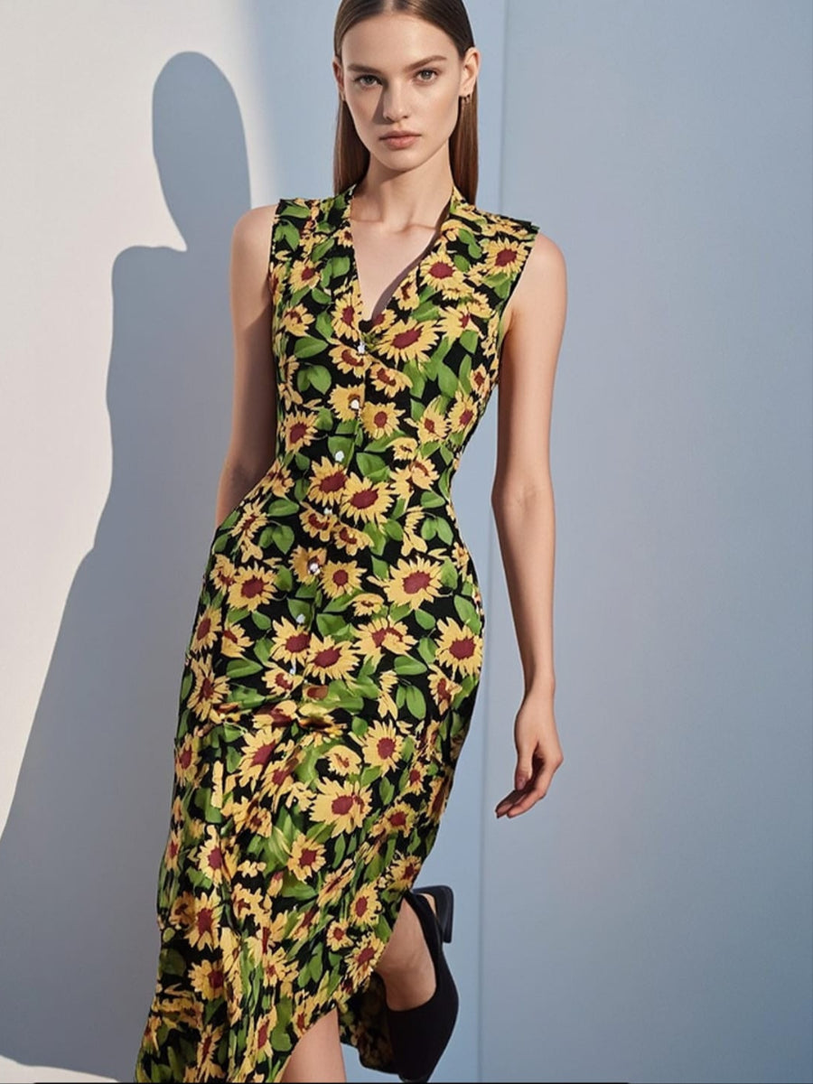 3250038 Sunflower Printed Sleeveless Long Dress