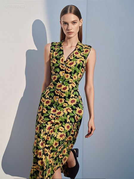 3250038 Sunflower Printed Sleeveless Long Dress