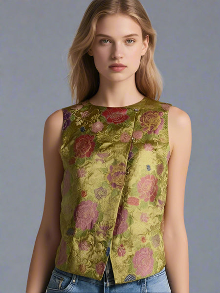 1250026 Silk Jacquard Embroidered Vest Top