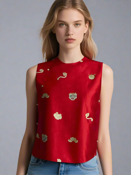 1250030 Embroidered Sleeveless Vest Top