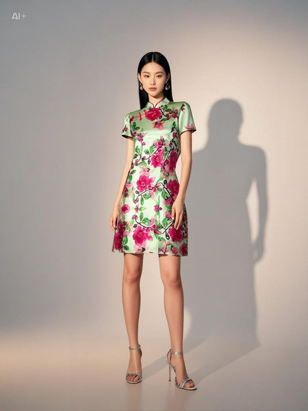 3250067 Mandarin Collar Printed Silk Dress