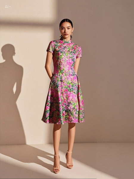 3250066 Mandarin Collar Floral Printed Flare Dress