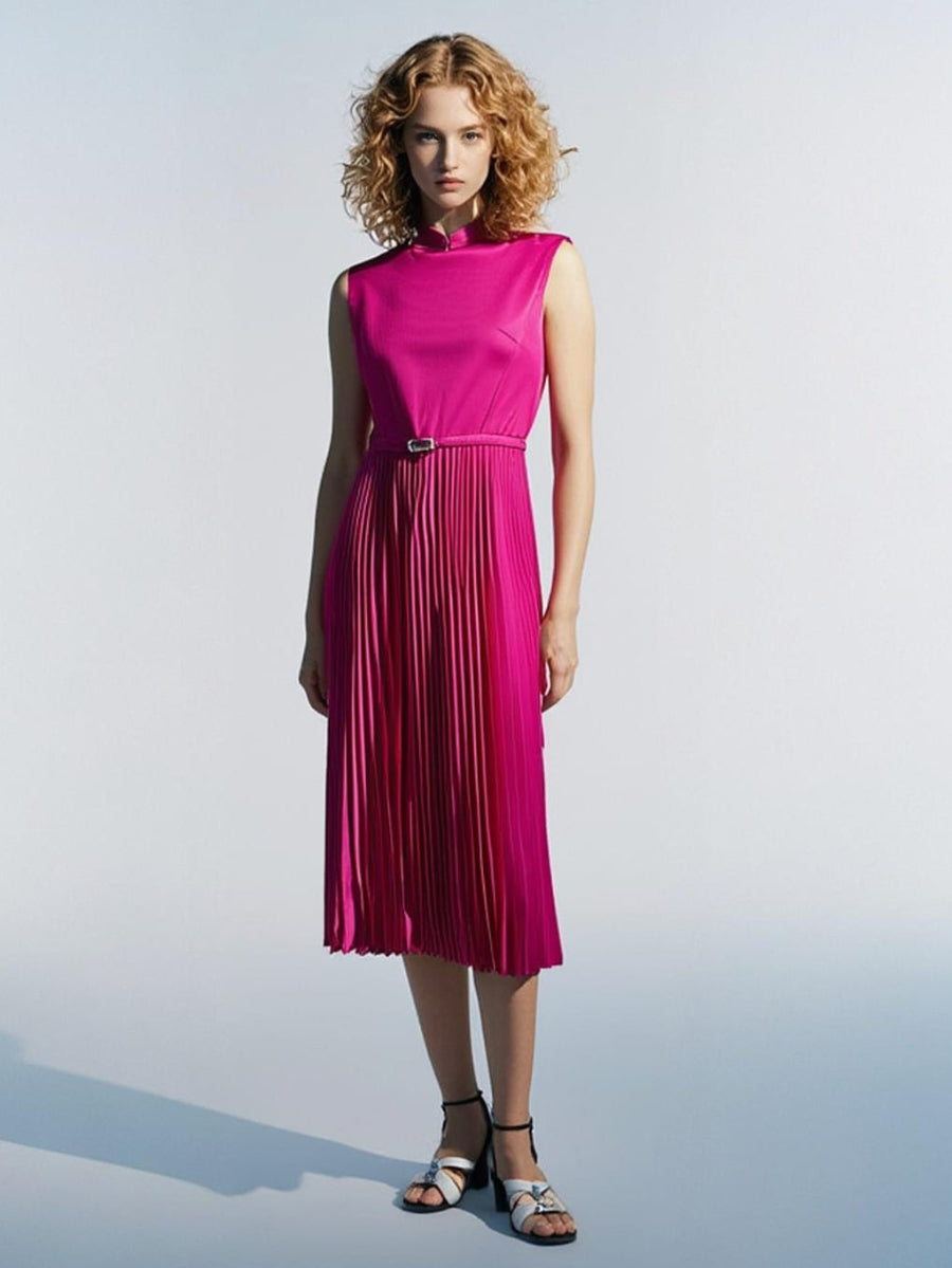 D240016 Mandarin Collar Creased Belted Cheongsam