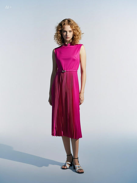 D240016 Mandarin Collar Creased Belted Cheongsam
