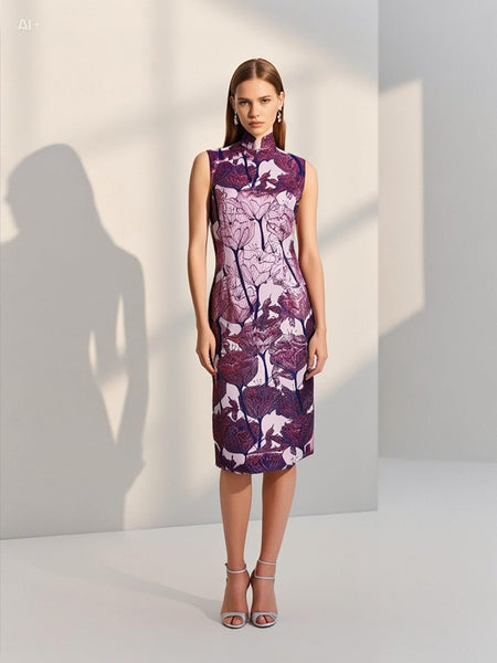 1240075 Floral Mandarin Collar Dress
