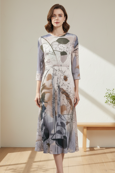 Nature Motifs Pleated Midi Dress