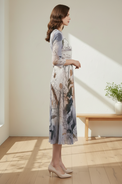 Nature Motifs Pleated Midi Dress