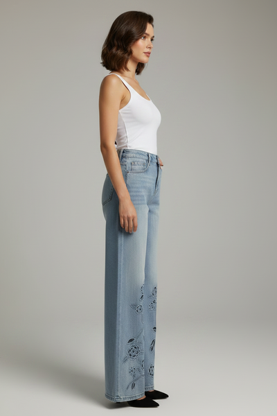 Cut-out Floral Wide Leg Jeans