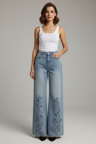 Cut-out Floral Wide Leg Jeans