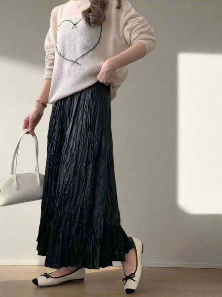 N240019 Irregular Pleated Printed Long Skirt *Last Piece
