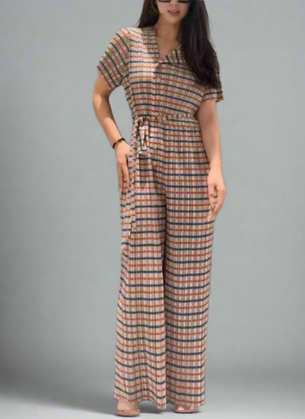 4250021 Plaid Pattern Short Sleeve Pleated Jumpsuits