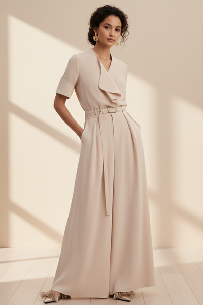 Jacket-style Blouse & Wide-leg Linen Pants Set