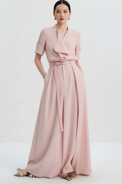 Jacket-style Blouse & Wide-Leg Linen Pants Set