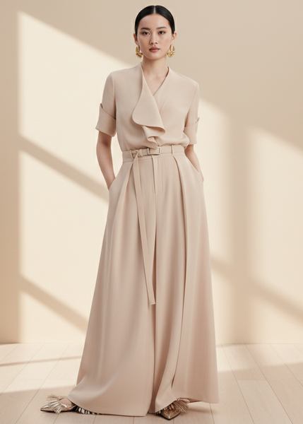 Jacket-style Blouse & Wide-leg Linen Pants Set
