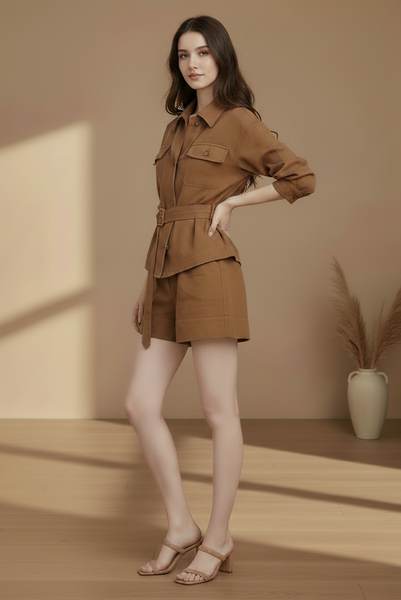 Belted Blouse & Shorts Linen Set