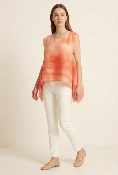 AI-generated model in a three-quarter pose wearing the coral pleated top with ivory trousers