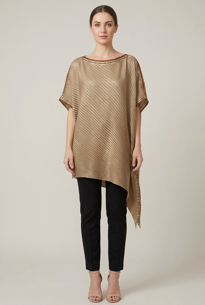 AI-generated model wearing a bronze pleated asymmetric top with decorative neckline trim