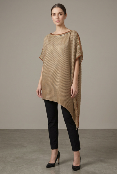 AI-generated model in a three-quarter pose wearing a bronze pleated asymmetric top