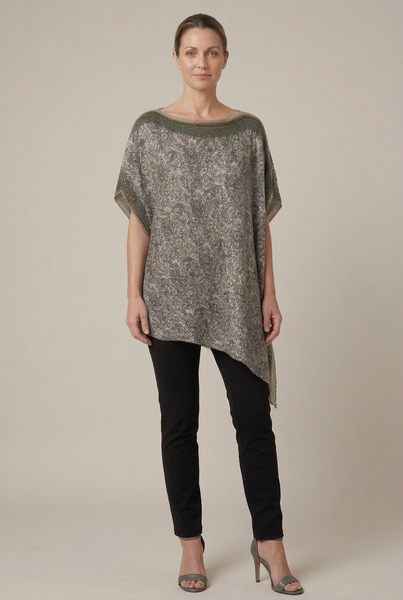 AI-generated full-length model wearing a patterned pleated asymmetric top, black trousers and black heels