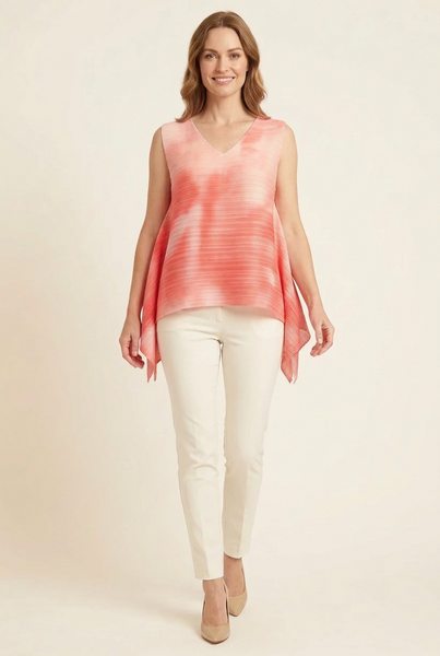AI-generated model in a walking pose wearing the red sleeveless pleated top with shorter draped side hems and ivory trousers