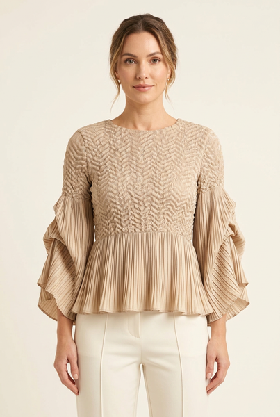 AI-generated model wearing a beige ripple-textured blouse with cascading pleated sleeves and a peplum hem