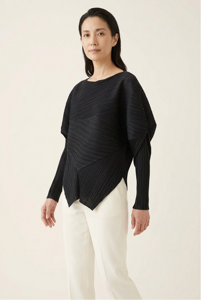AI-generated model wearing the black asymmetric drape pleated top in a three-quarter standing pose
