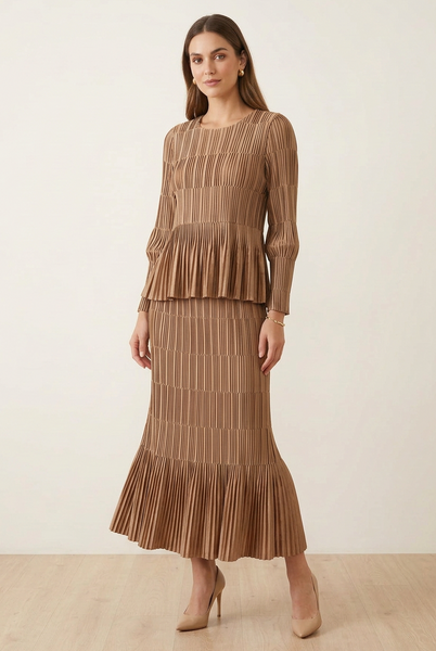 AI-generated model wearing the bronze pleated top and skirt co-ord in a three-quarter standing pose