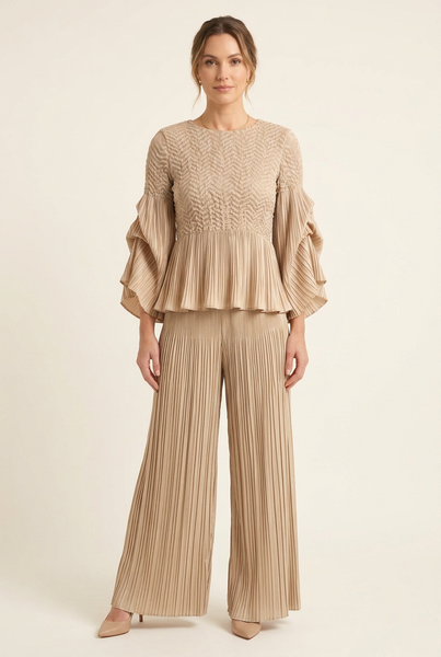 AI-generated model wearing the beige ripple-textured peplum blouse styled with matching beige pleated wide-leg trousers