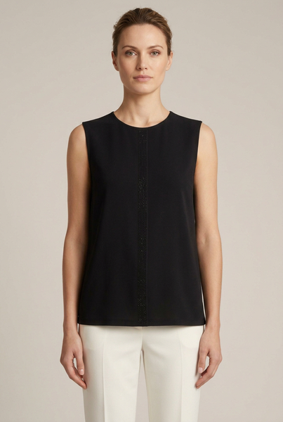 AI-generated model with full face visible wearing the black shimmer detail sleeveless top