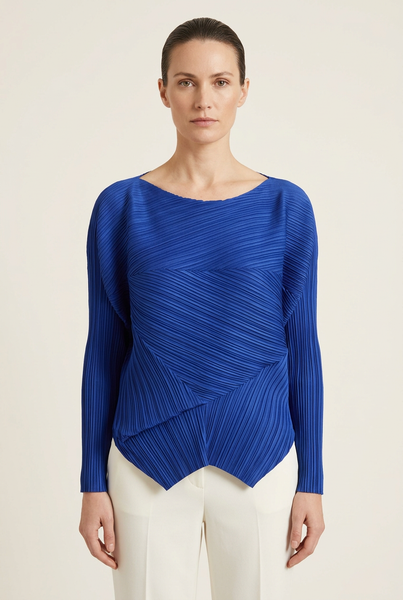 AI-generated model wearing the cobalt blue asymmetric drape pleated top