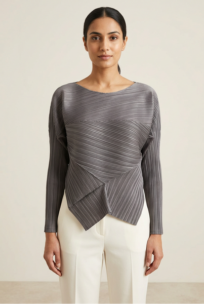AI-generated model wearing the grey asymmetric drape pleated top with ivory trousers
