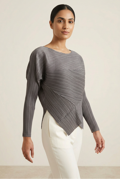 AI-generated model wearing the grey asymmetric drape pleated top in a three-quarter standing pose