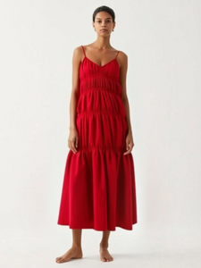 1250039 V-Neck Sleeveless Pleated Maxi Dress