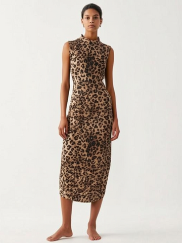 1250028 Leopard Printed Mandarin Collar Sleeveless Dress
