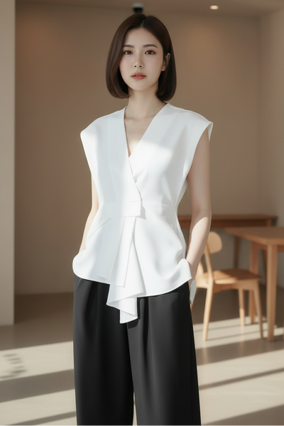 Layered Wrap Design V-Neck Blouse