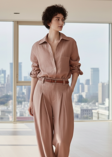Oversized Blouse & High-Waisted Linen Pants Set