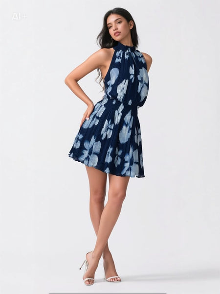 5250020 High Neck Sleeveless Pleated Mini Dress