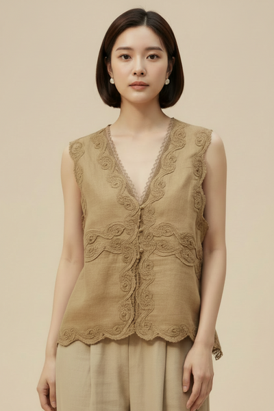 Lace Trim V-Neck Linen Blouse